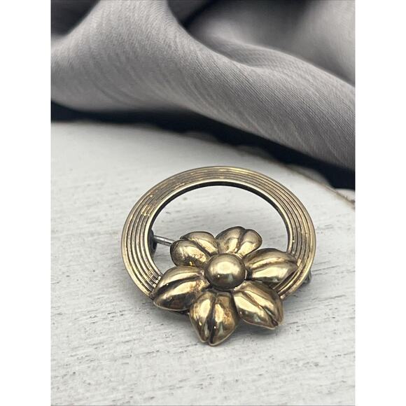 Antique SYMMETALIC STERLING + 14K Silver & Gold Flower FINE JEWELRY PIN - Picture 2 of 6